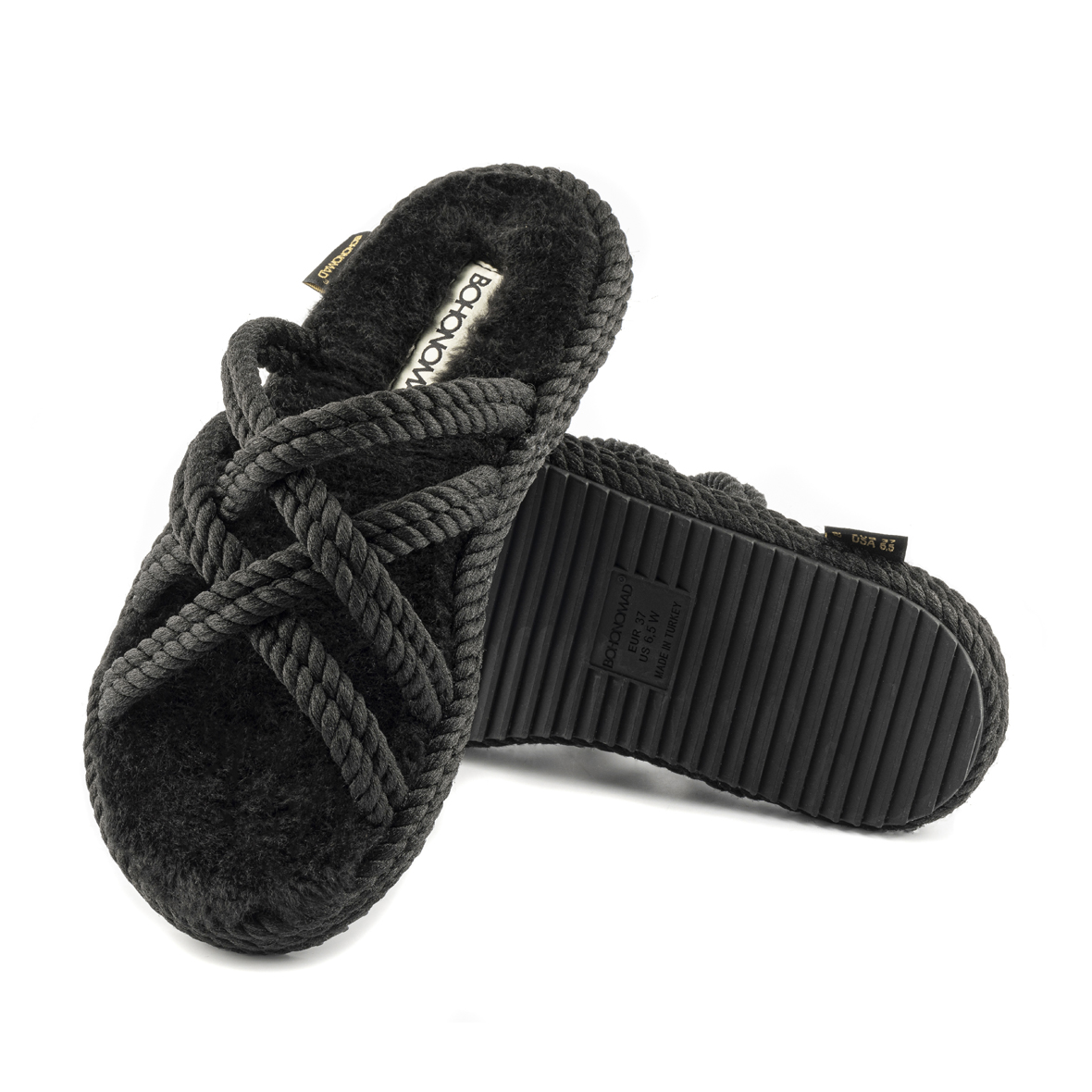 Bodrum Women Furry Rope Slipper – Black
